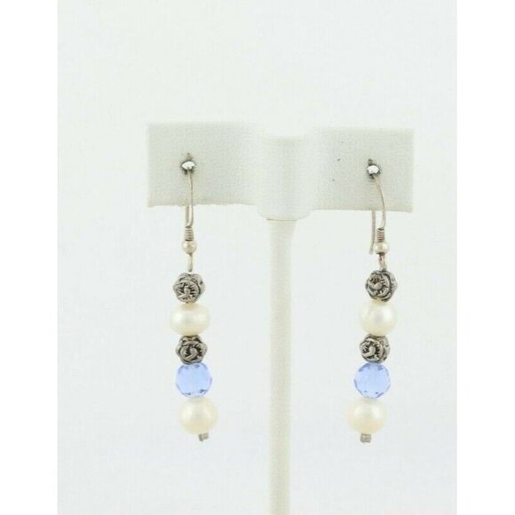 Sterling Silver Pearl and Flower Blue Earrings Dangle Drop Earrings - Picture 5 of 6